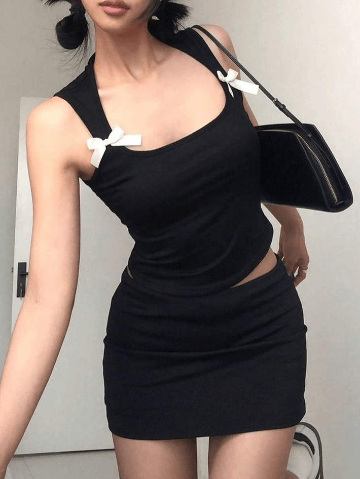 Women's Black Square Neck Two Piece Set - Crop Top and Mini Skirt