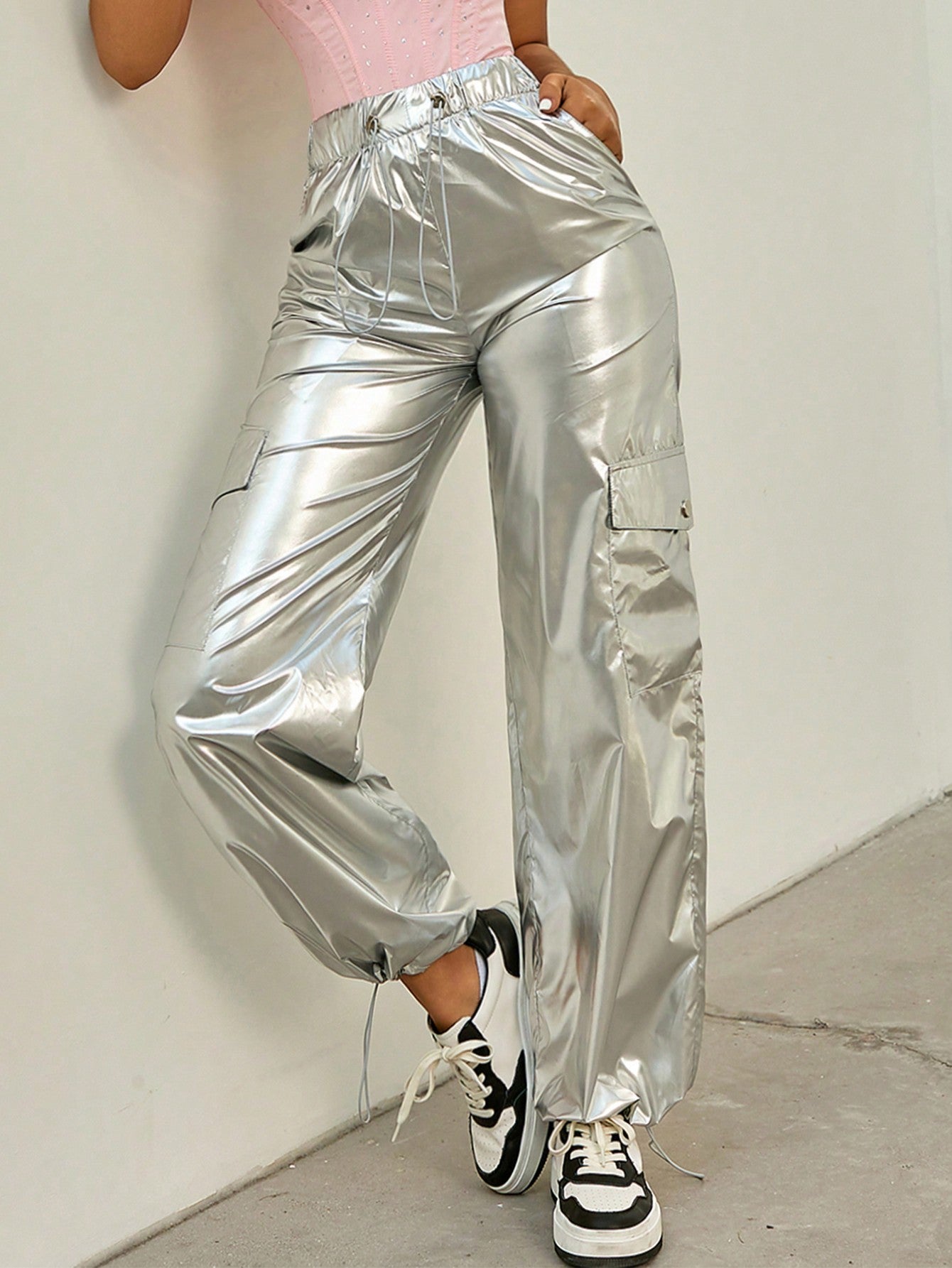 Women's Silver Metallic Wide Leg Yoga Pants