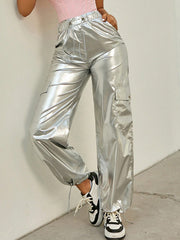 Women's Silver Metallic Wide Leg Yoga Pants