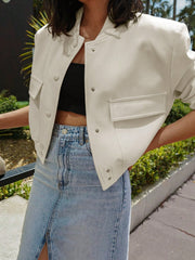 Women's Off-White Faux Leather Snap-Front Bomber Jacket with Flap Pockets