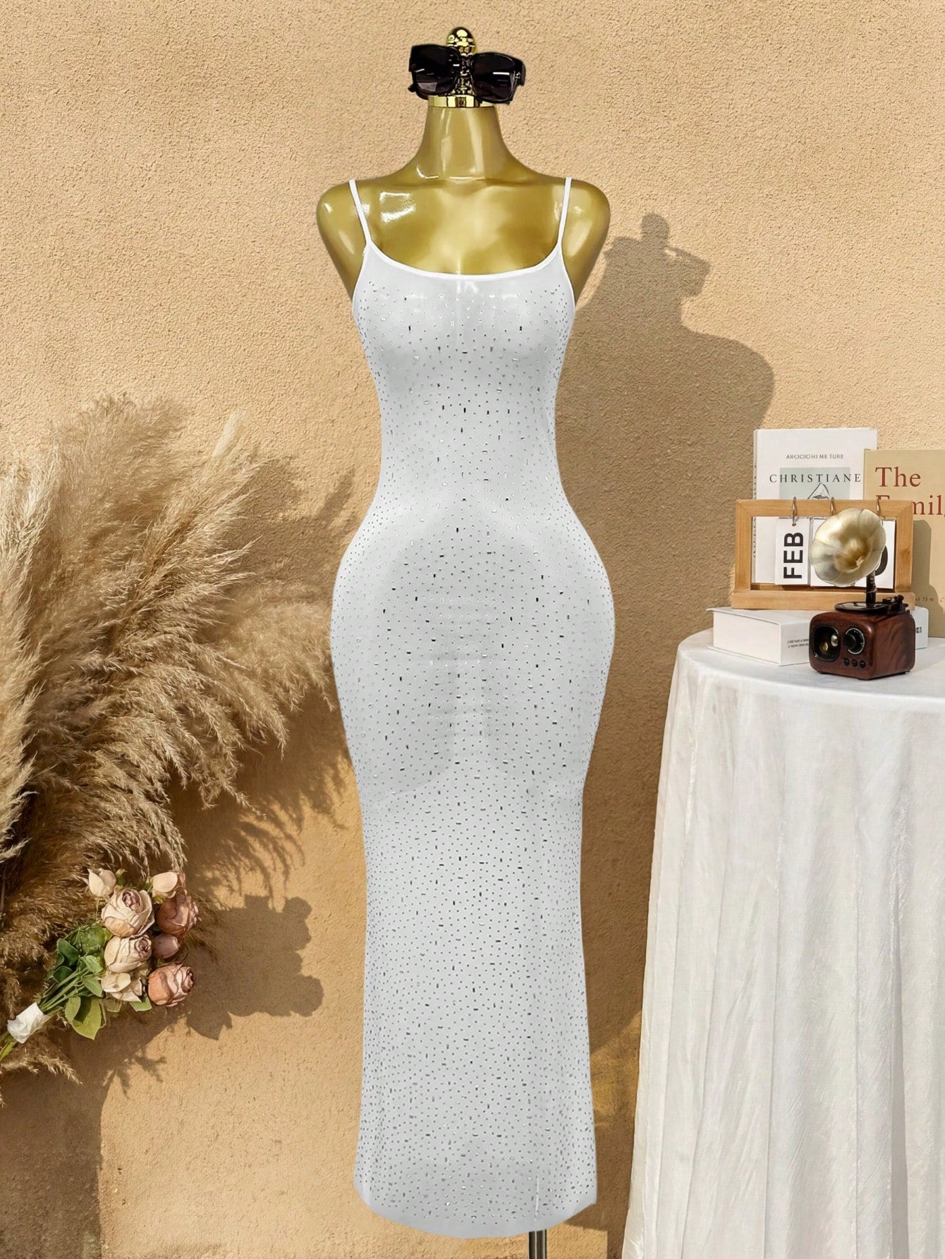 Women's White Sheer Mesh Rhinestone Bodycon Maxi Dress with Spaghetti Straps