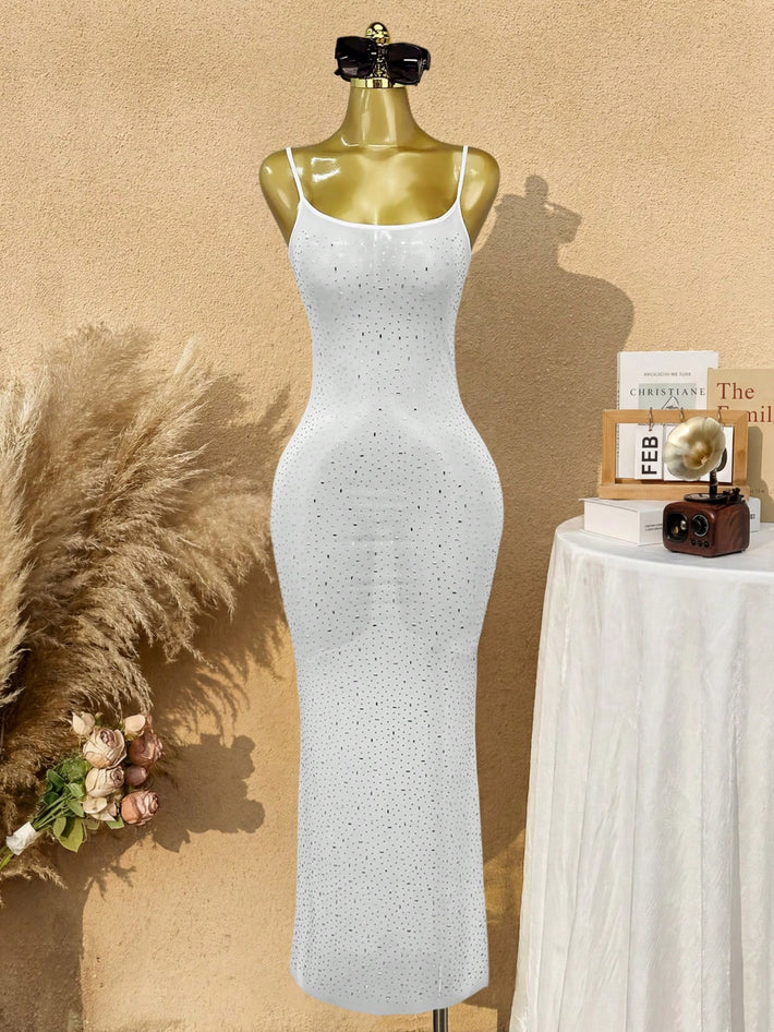 Women's White Sheer Mesh Rhinestone Bodycon Maxi Dress with Spaghetti Straps