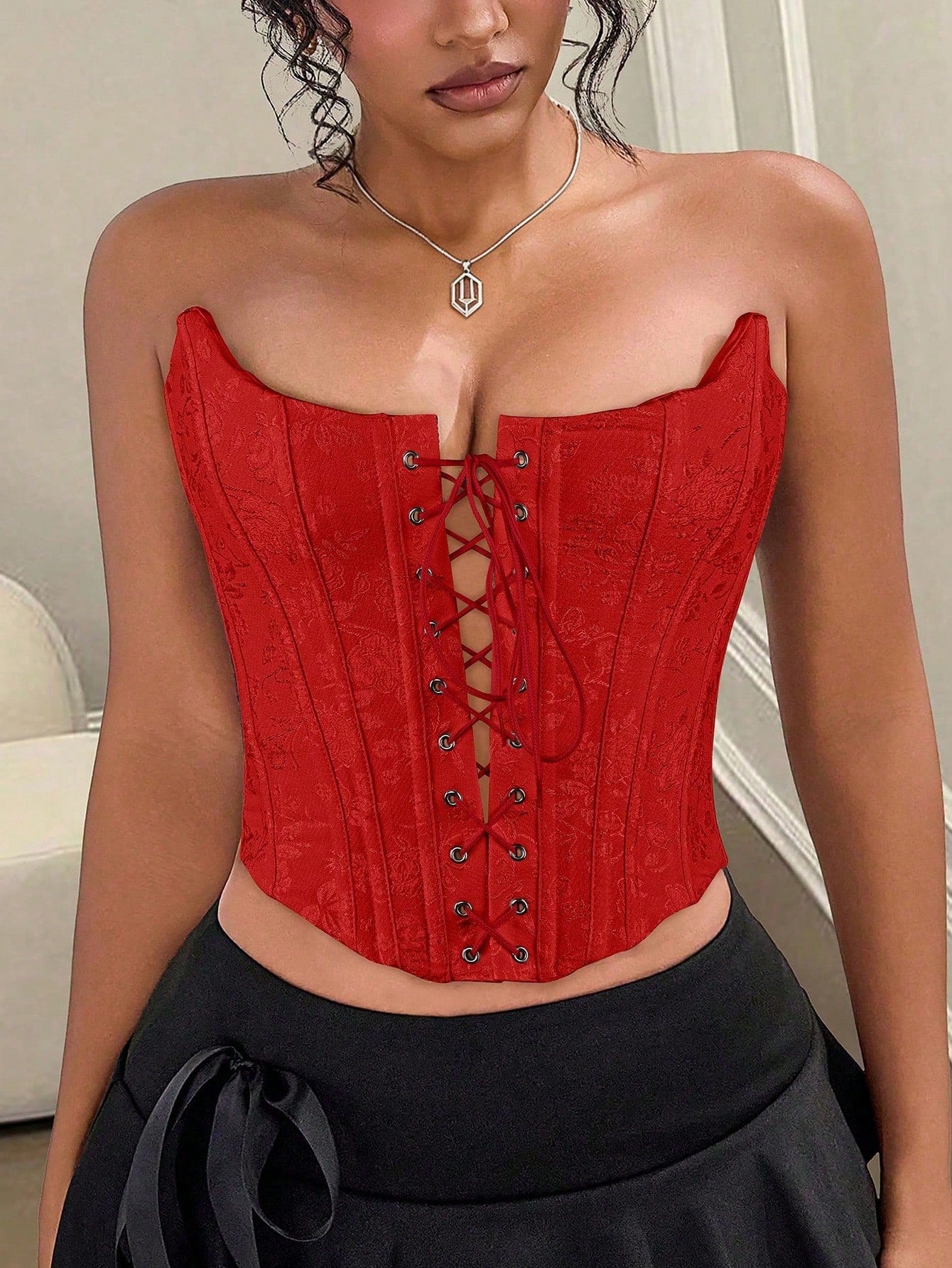 Women's Red Lace-Up Floral Corset Top