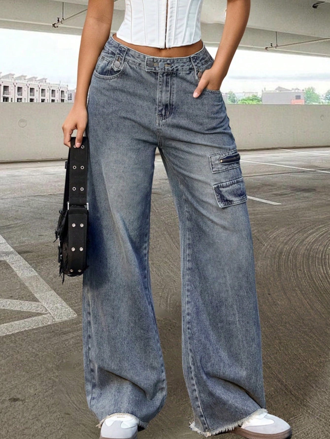 Women's Baggy Wide-Leg Blue Jeans - High-Waisted Casual Denim Pants