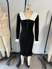 Women's Black White Ribbed Knit Midi Bodycon Dress