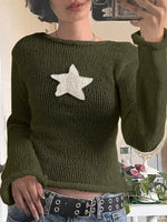 Women's Army Green Knit Sweater with Star Applique Long Sleeve Pullover