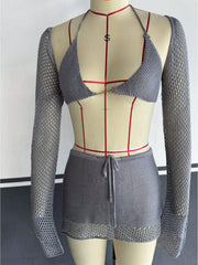 Women's Gray Knit Two-Piece Set with Crop Top and Mini Skirt