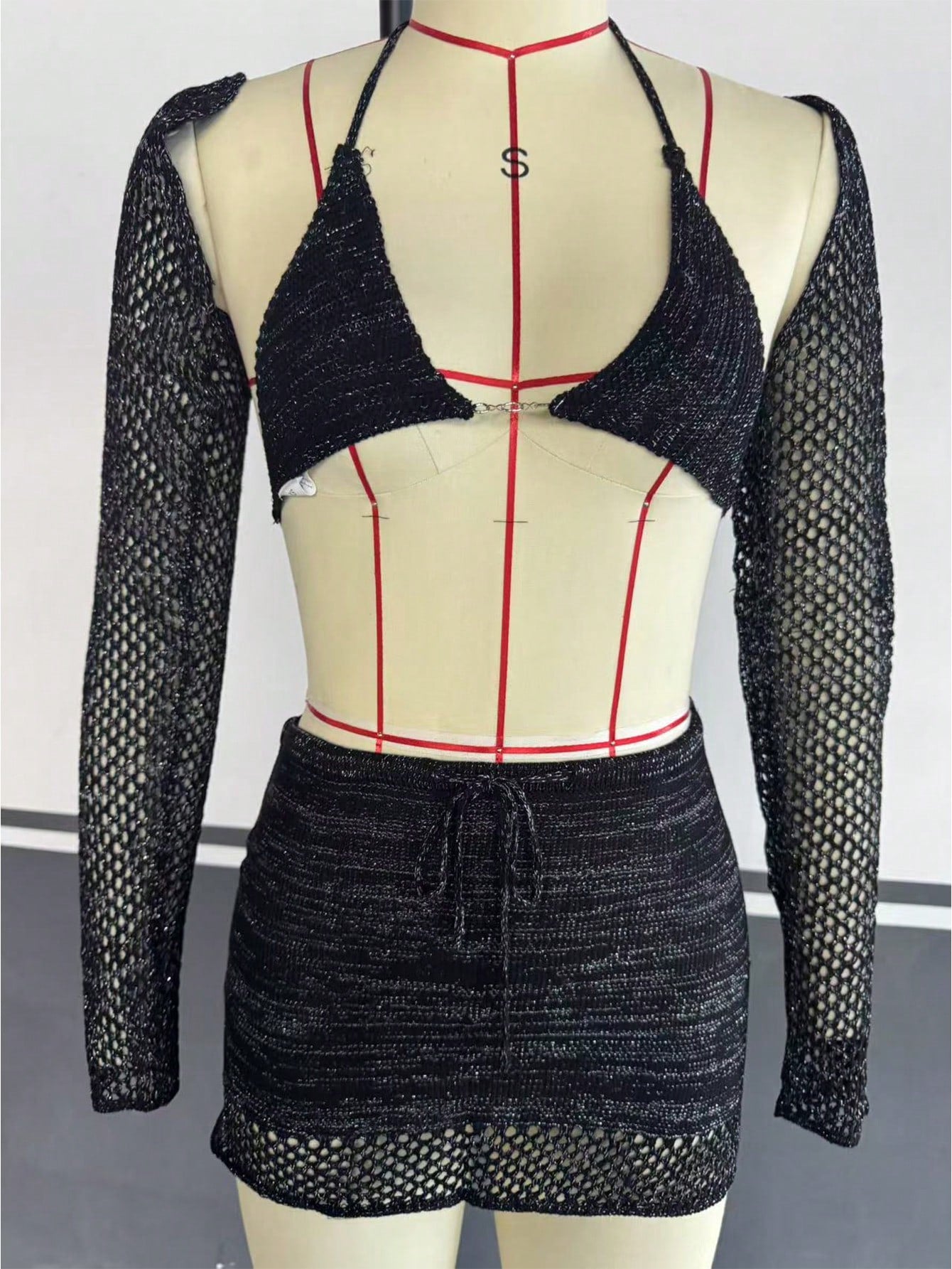 Women's Black Knit Two-Piece Set with Crop Top and Mini Skirt