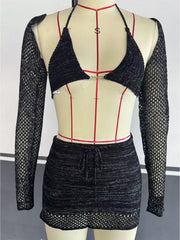 Women's Black Knit Two-Piece Set with Crop Top and Mini Skirt