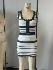 Women's Black White Ribbed Knit Midi bodycon dress with sleeveless