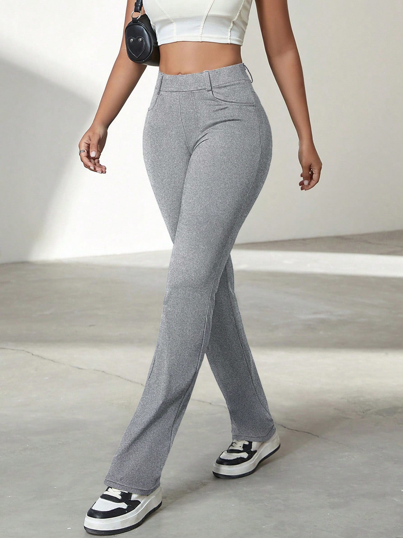 Women's Gray High-Waisted Flare Yoga Pants with Bootcut Leg