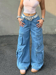 Women's Light Blue Low-Rise Wide-Leg Denim Cargo Pants