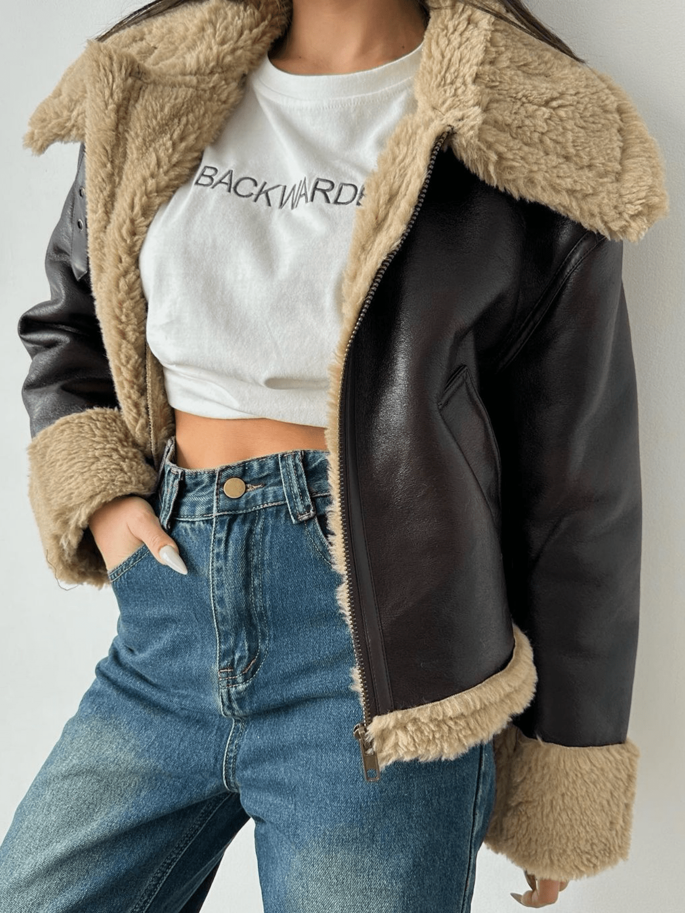 Women's Black PU Leather Aviator Jacket Faux Fur Lined Cropped Winter Coat