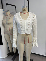 Women's White Ribbed Knit Henley Top with Button Placket