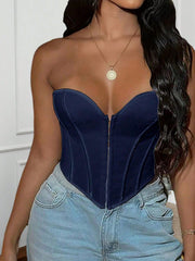 Women's Navy Blue Boned Corset Top with Hook and Eye Closure