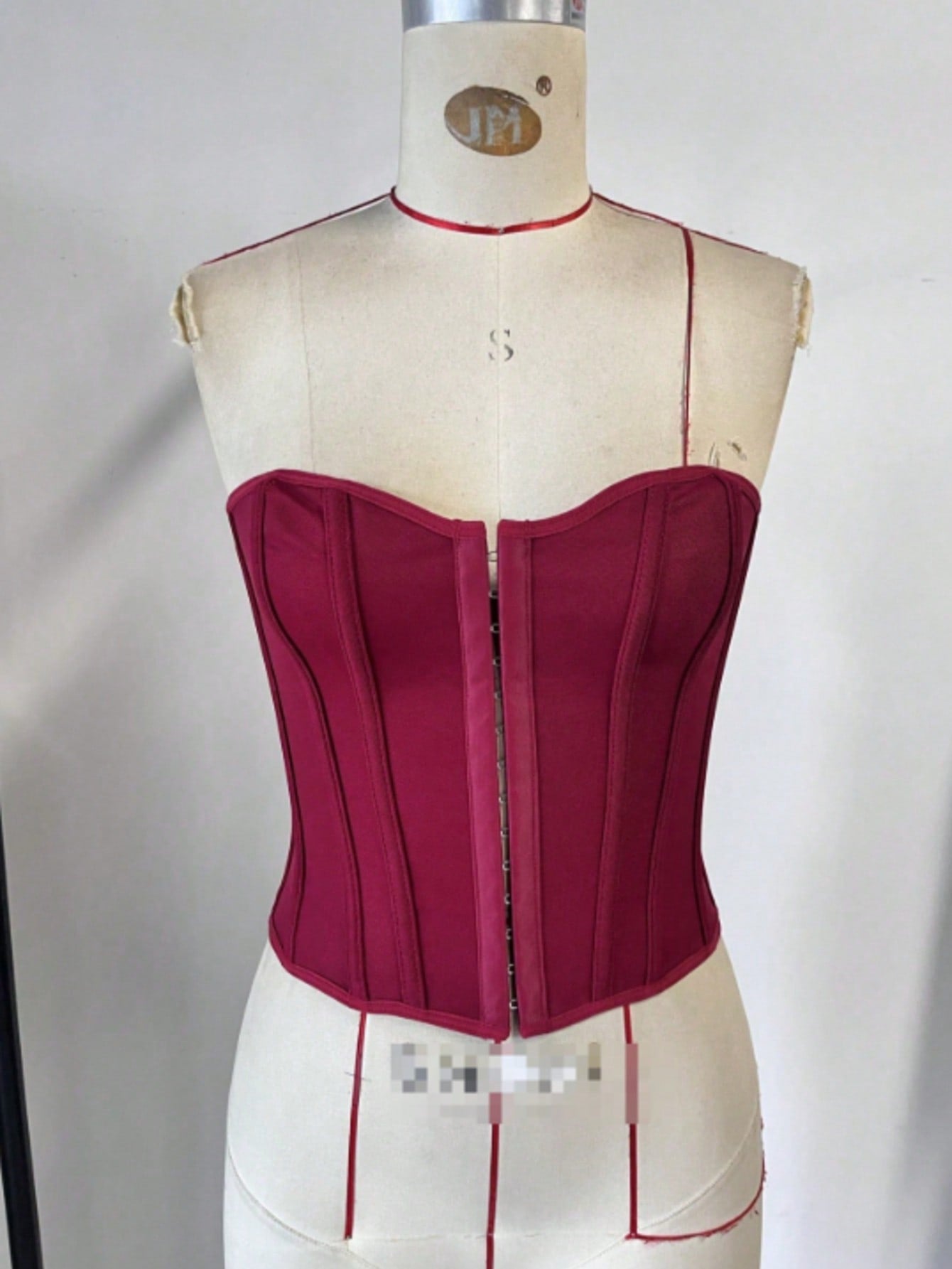 Women's Burgundy Check Plaid Strapless Corset Bustier