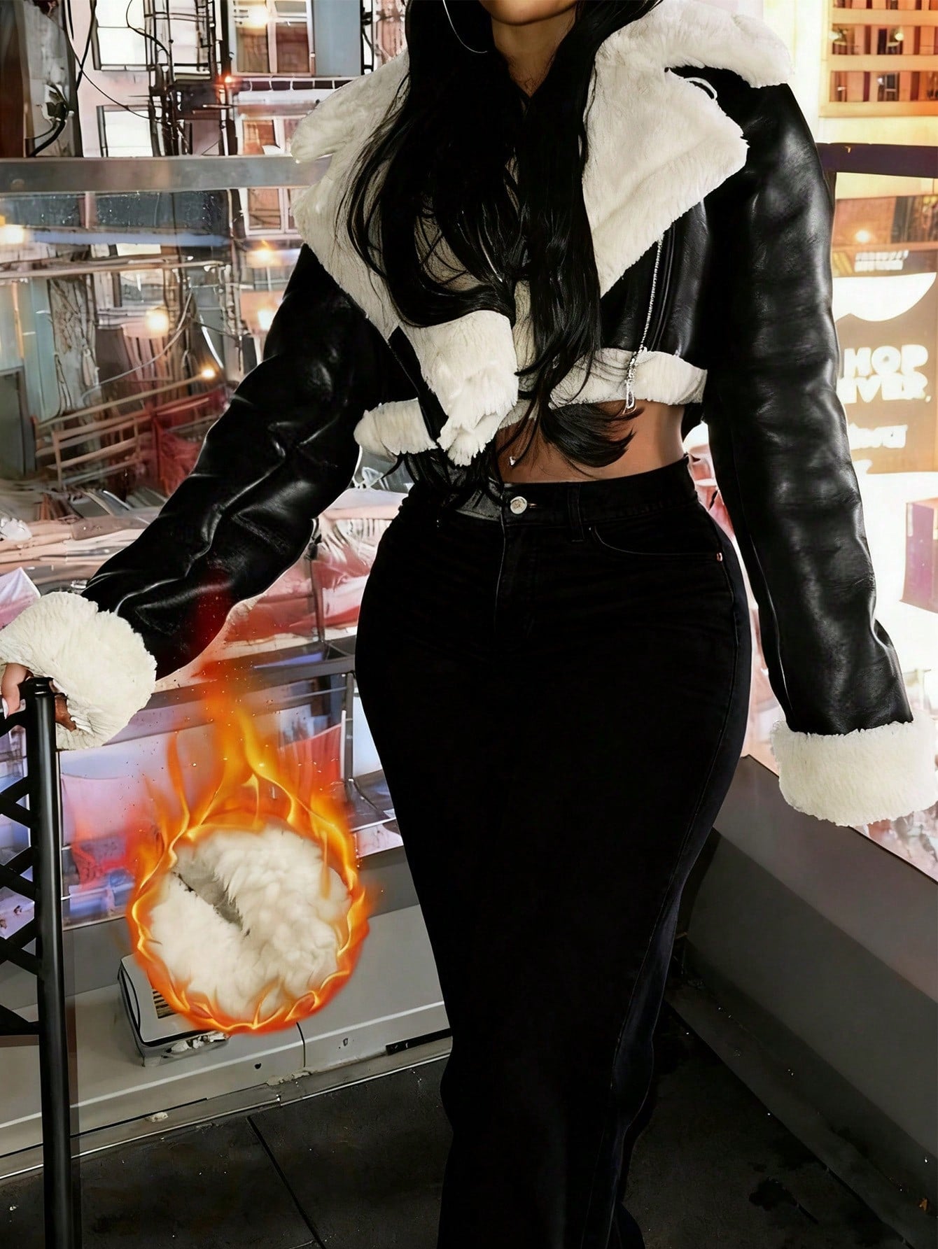Women's Black PU Leather Cropped Jacket with Faux Fur Trim Winter Biker Coat