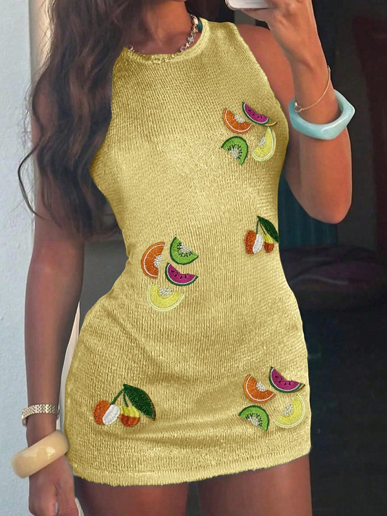 Women's Multi-Color Fruit Embroidery Sleeveless Mini Dress - Casual Tank Dress for Summer & Daily Wear