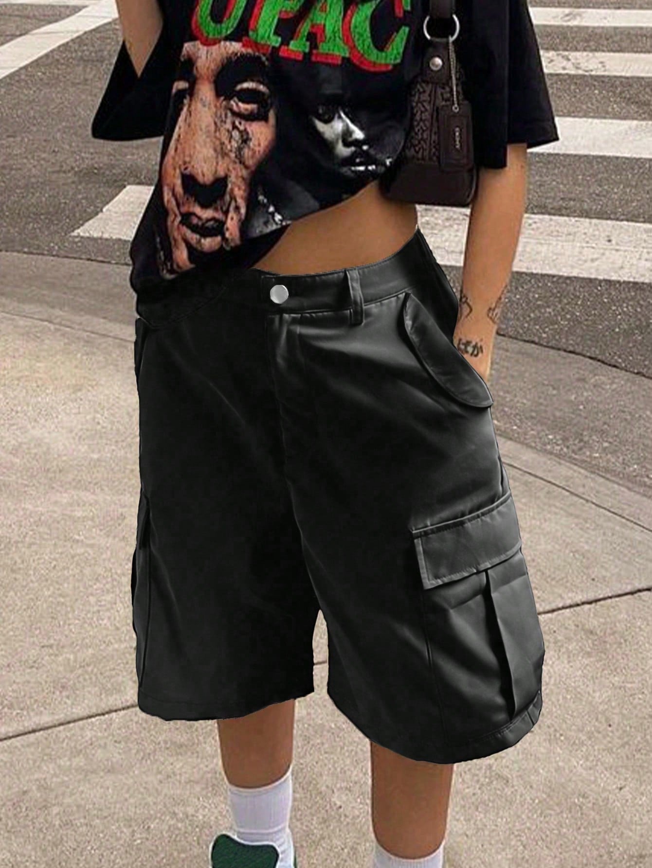 Women's Black Faux Leather Knee-Length Cargo Bermuda Shorts with Flap Pockets