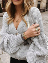 Women's V-Neck Grey Chunky Knit Cardigan with Balloon Sleeves
