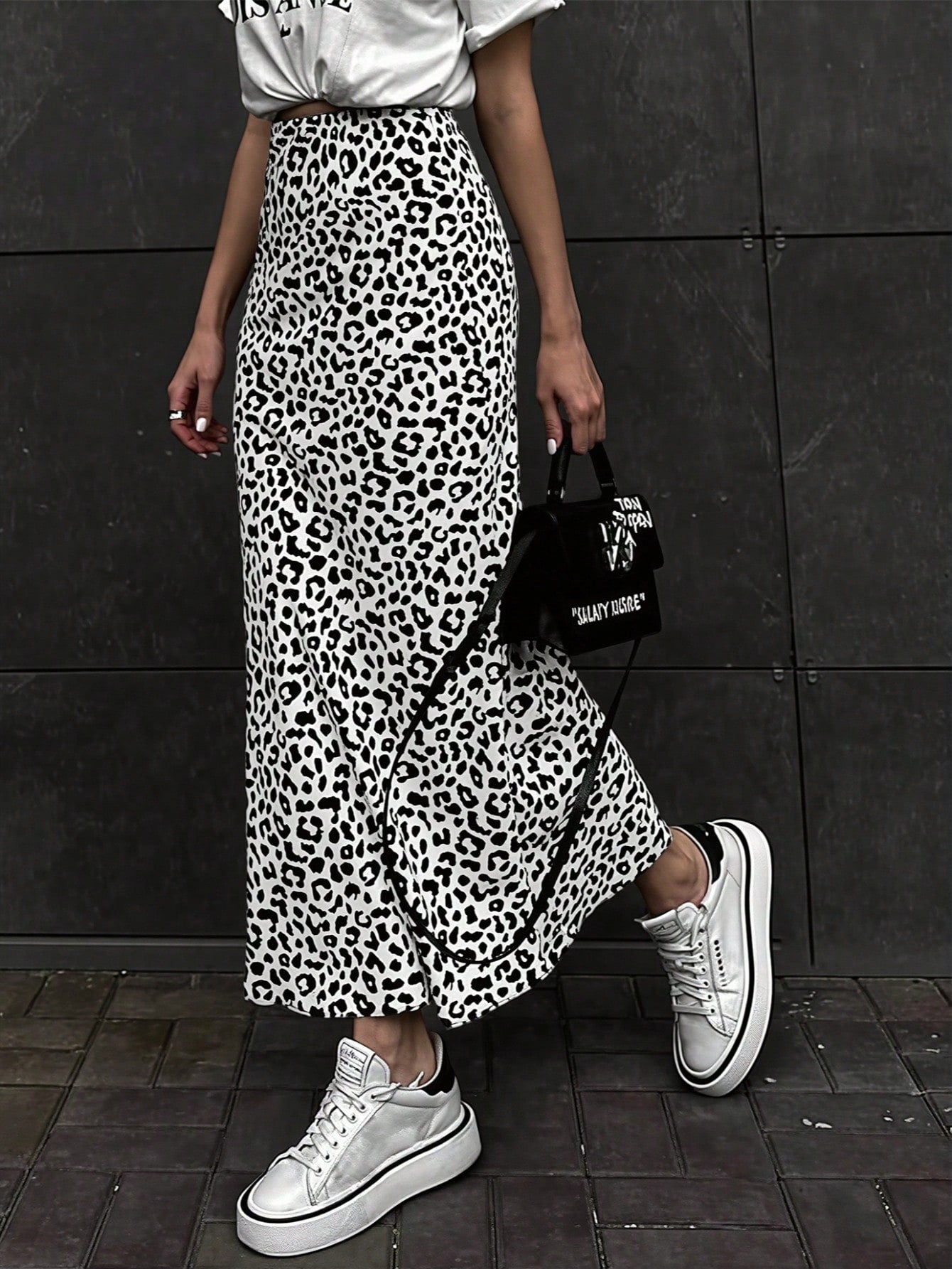Women's Black and White Leopard Print High Waist Maxi Skirt