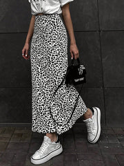 Women's Black and White Leopard Print High Waist Maxi Skirt