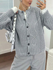 Women's Casual Grey Button-Up Knit Cardigan Sweater