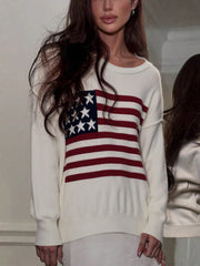 Women's American Flag Print Crew Neck Sweatshirt - Casual Long Sleeve Pullover