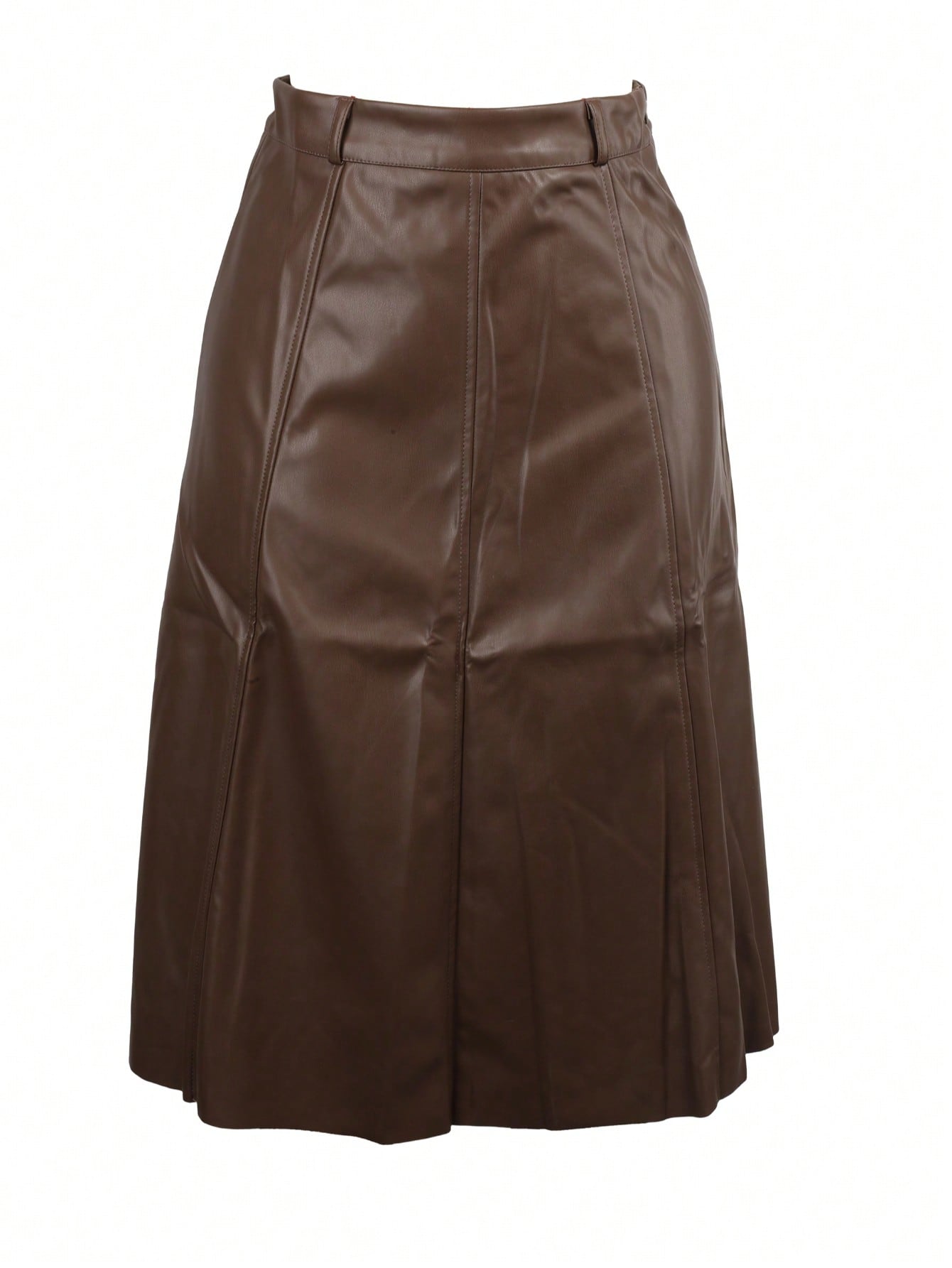 Women's Brown PU Leather A-Line Skirt High Waisted Midi Faux Leather Skirt