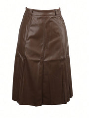 Women's Brown PU Leather A-Line Skirt High Waisted Midi Faux Leather Skirt