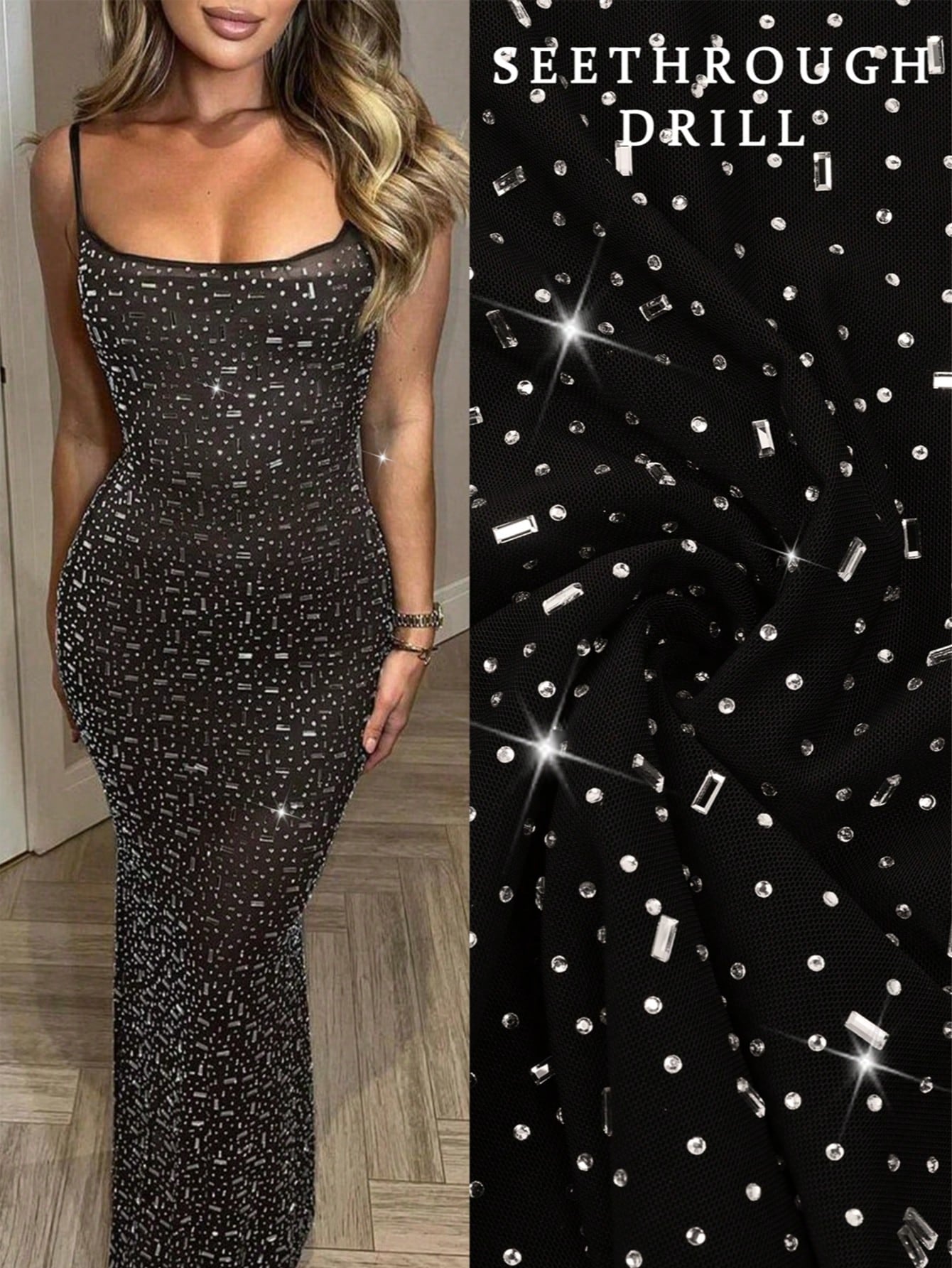 Women's Black Rhinestone Embellished Bodycon Maxi Dress - Glamorous Evening & Red Carpet Party Dress