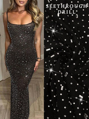 Women's Black Rhinestone Embellished Bodycon Maxi Dress - Glamorous Evening & Red Carpet Party Dress