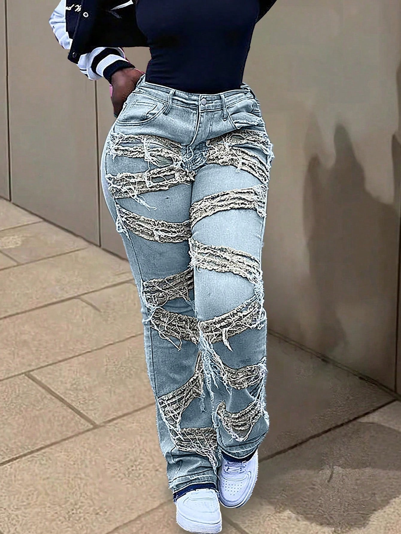 Women's Blue Heavily Distressed Straight Leg Denim Jeans