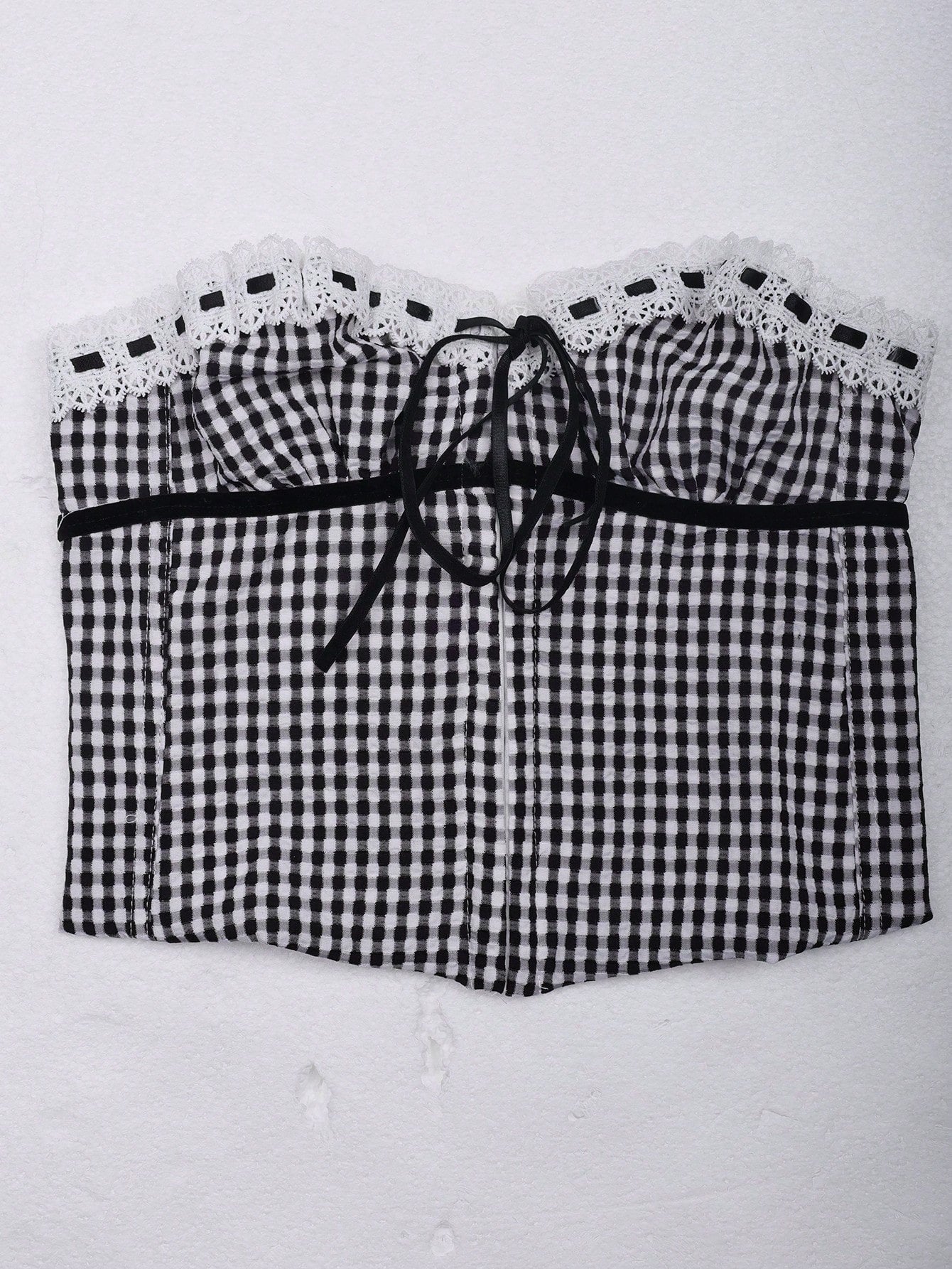 Women's Classic Black and White Gingham Corset Top with Lace Trim