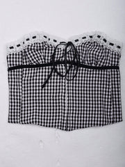 Women's Classic Black and White Gingham Corset Top with Lace Trim