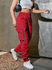 Women's Red High Waist Cargo Pants Multi-Pocket Zip Detail Joggers Wholesale