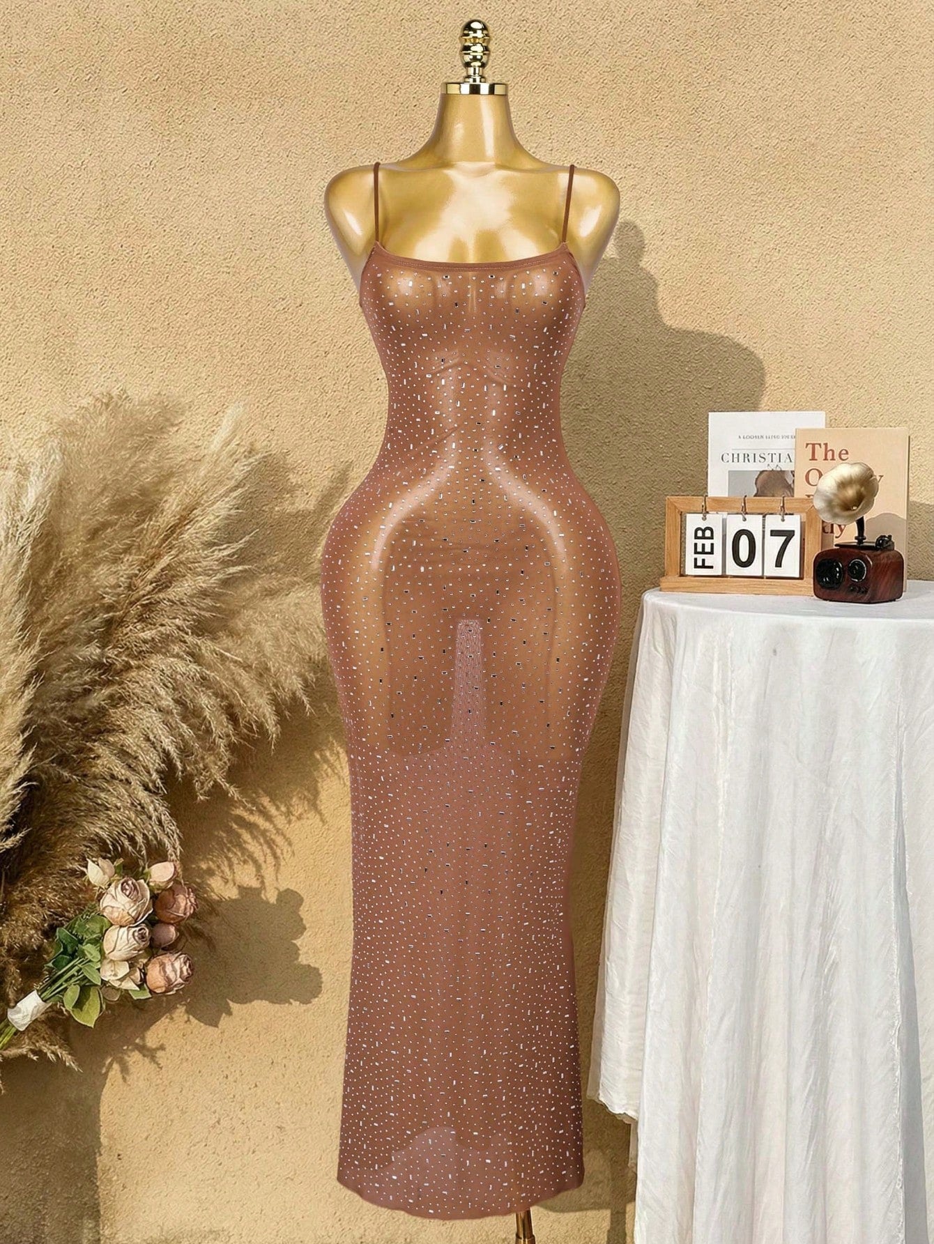 Women's Brown Art Deco Sequin Fringe Evening Dress