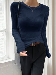 Women's Women Basic Navy Blue Long Sleeve T-Shirt Slim Fit Crew Neck Tee