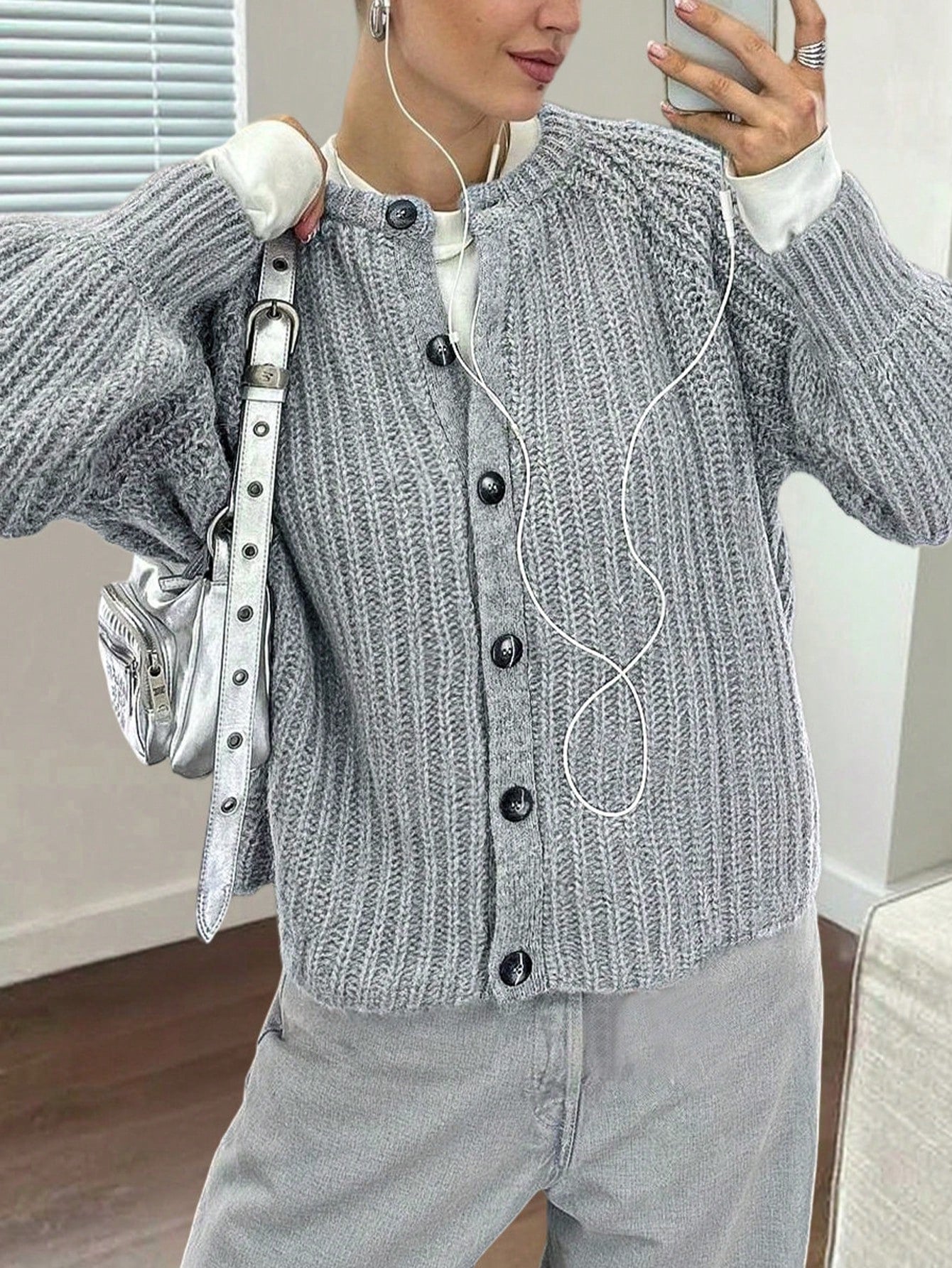 Women's Grey Striped Knit Cardigan, Oversized Button-Down Casual Sweater Cardigan with Drop Shoulder Design
