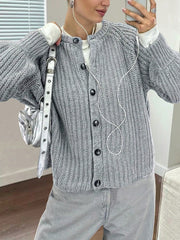 Women's Grey Striped Knit Cardigan, Oversized Button-Down Casual Sweater Cardigan with Drop Shoulder Design