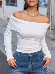 Women's White Acrylic Blend Off-the-Shoulder Ribbed Top with Long Sleeves
