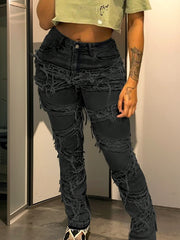 Women's Black Shredded Textured High-Waist Straight Jeans