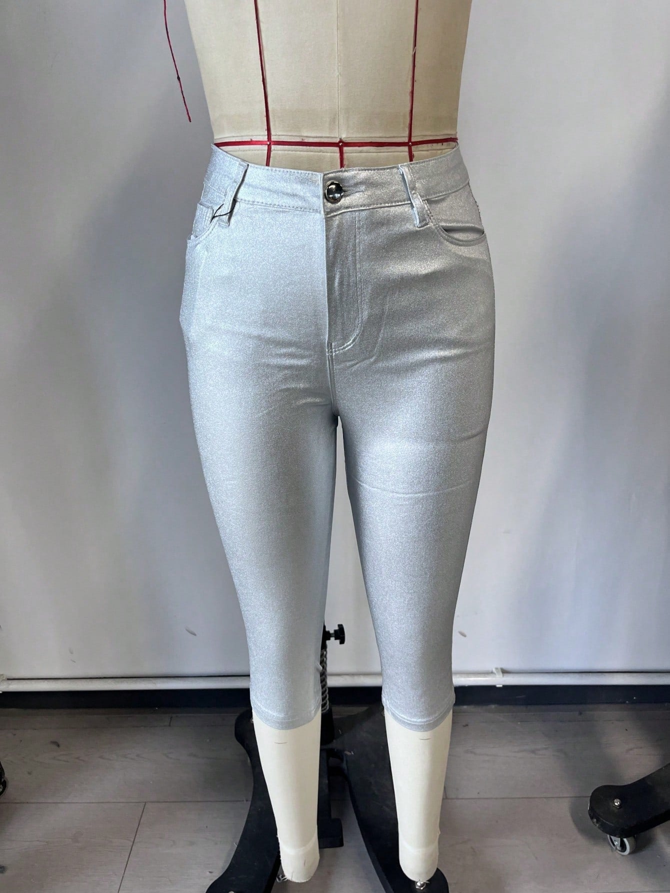 Women's Silver Polyester Full-length pants with wide-leg