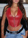 Women's Red Faux Leather Halter Corset Top