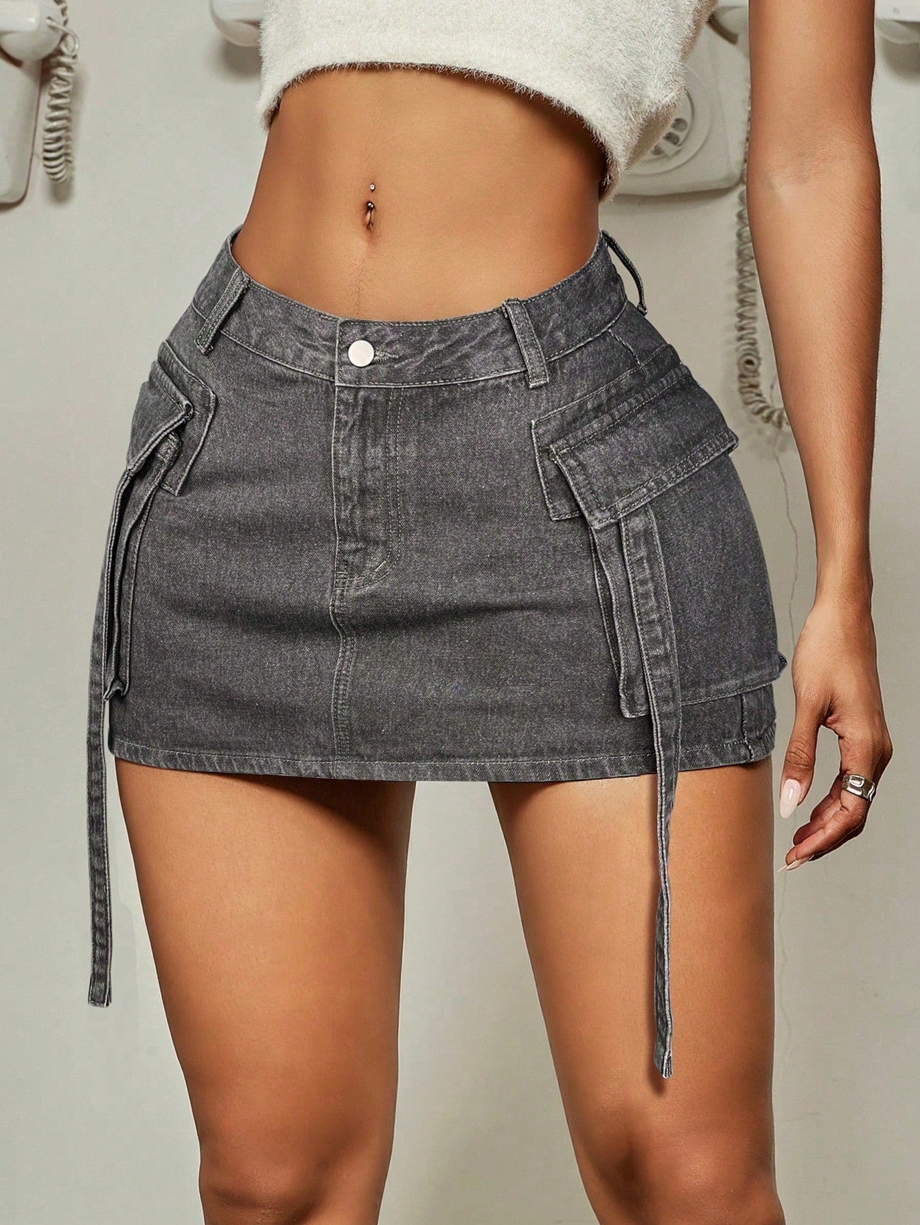 Women's Apperloth Grey Denim Mini Skirt Sexy Cargo Style Short Skirt with Straps