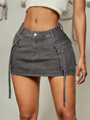 Women's Apperloth Grey Denim Mini Skirt Sexy Cargo Style Short Skirt with Straps