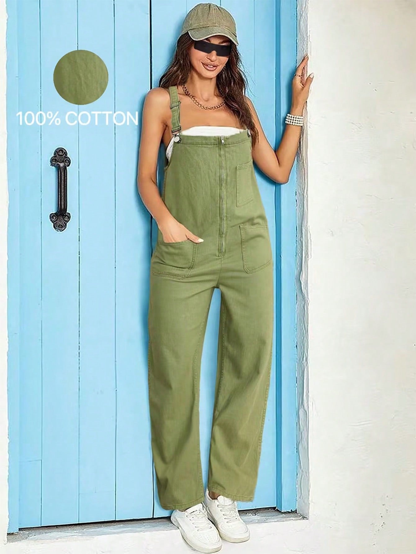 Women's Apperloth Army Green 100% Cotton Cargo Overalls Women Casual Loose Fit Jumpsuit