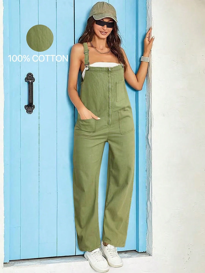 Women's Apperloth Army Green 100% Cotton Cargo Overalls Women Casual Loose Fit Jumpsuit