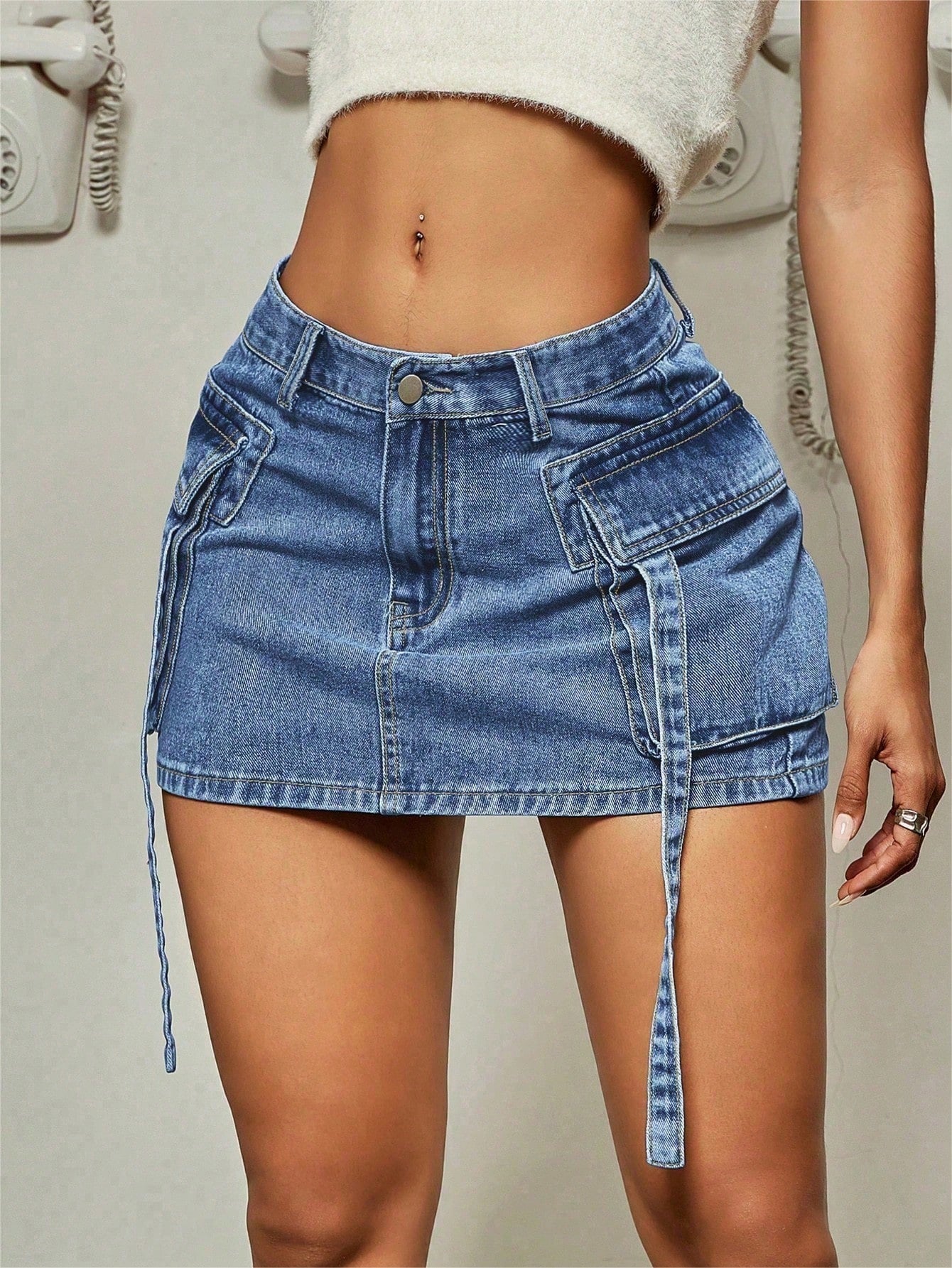Women's Apperloth Medium Blue Denim Mini Skirt Sexy Cargo Style with Straps