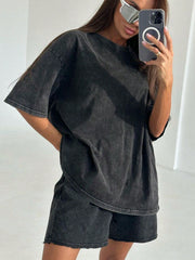 Women's Black Oversized Loungewear Set - Short Sleeve Top and Shorts Casual Outfit